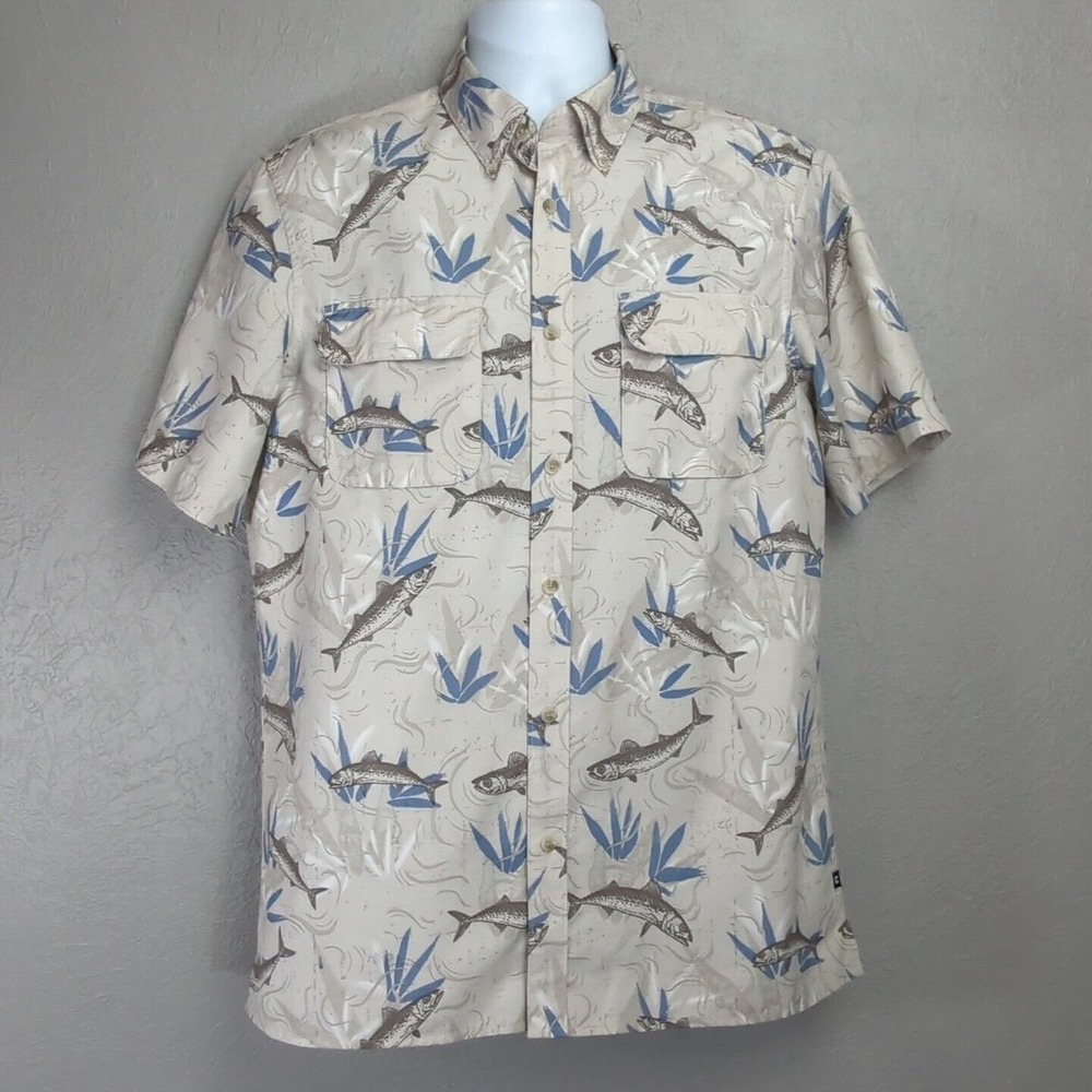 Chaps Shirt Mens M Tan Blue Button Up Short Sleeve Pockets Casual Fishing Travel